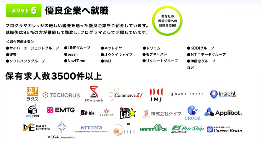 プログラマカレッジの就職、転職 企業実績